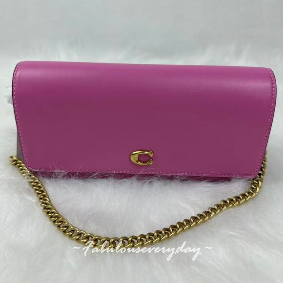 Coach Evie Long Wallet With Chain Crossbody In Leather/Brass/Fuchsia CW586 NWT - Picture 1 of 8